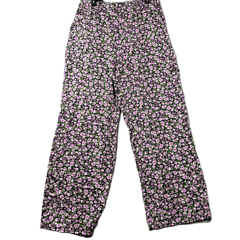 Zara Women Pants Wide Leg Floral Stretch Preppy Trousers Purple Size XL J152